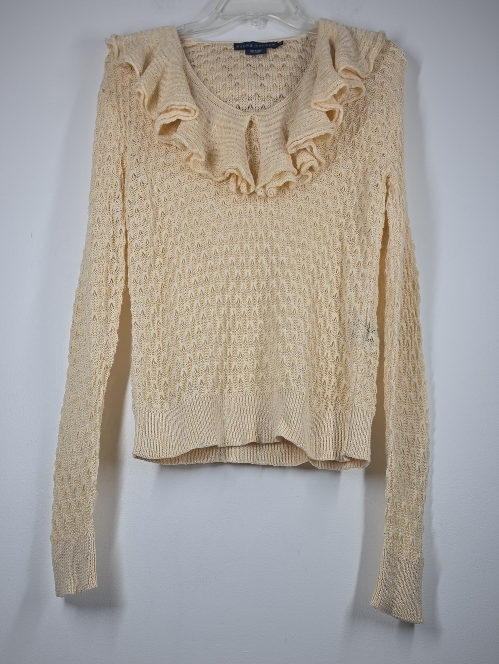 Ralph Lauren Blue Label Cream Ruffle Open Knit Cotton Linen Sweater M